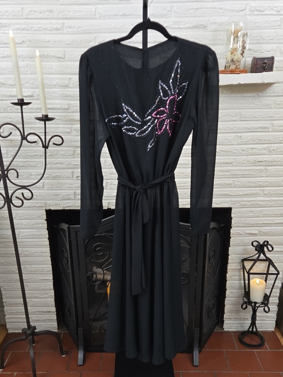 M.E.II Dresses & Skirts - 1980's Black Long-Sleeve Dress with Pink Sequin Floral Detail Size Sm/Med